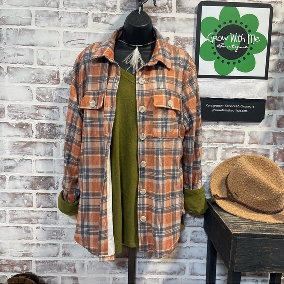 Plaid Orange and Gray Women's button up layer shirt small - Picture 1 of 7